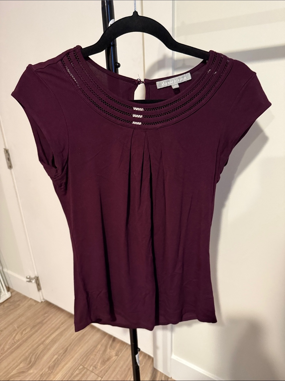 Daniel Rainn Deep Plum Crochet Yoke Short Sleeve Top